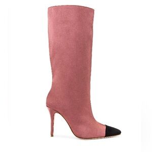Lovers and Friends Pink Satin Pointed Toe Heeled Boots with Black Toe Detail